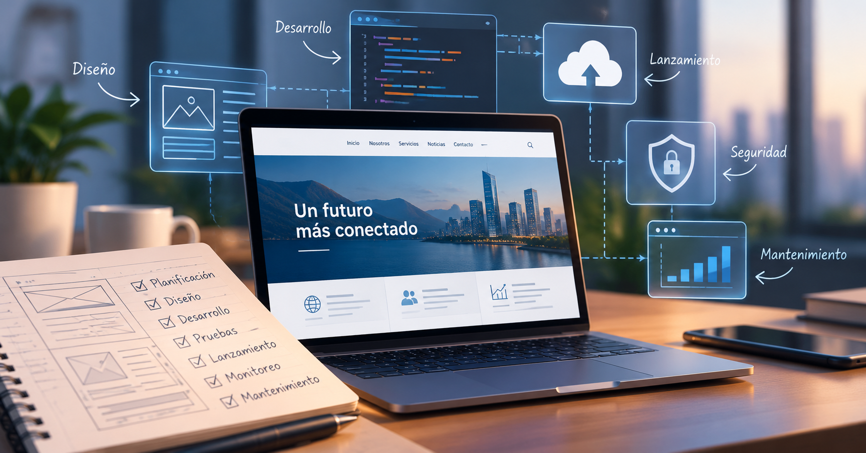 Desarrollo web: planificación, programación, seguridad y mantenimiento necesarios para garantizar el funcionamiento de una página web.